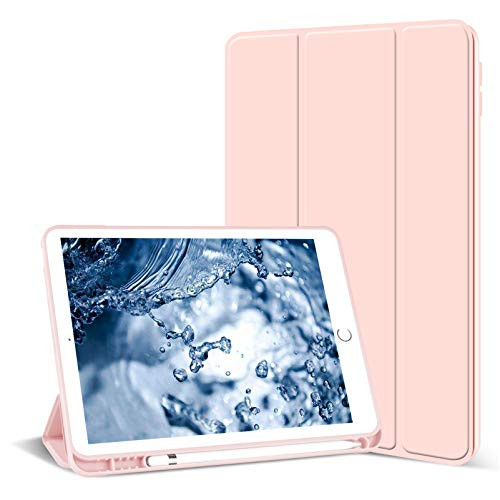 Aoub Case for iPad 6th/5th Generation 9.7 inch, Auto Sleep/Wake Slim Lightweight Trifold Stand Smart Cover, Soft TPU Back iPad 9.7 Case with Pencil Holder 2018/2017, Baby Pink