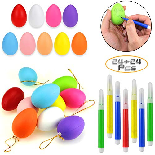 Wpxmer 24 Pcs Easter Colorful Plastic Eggs, Blank Easter Eggs - Hanging Plastic Eggs with Rope, 6 Set of Watercolor Pens for Artificial Egg DIY Painting and Decorating(2.36" x 1.57") Wpxmer 24 Pcs Easter Colorful Plastic Eggs, Blank Easter Eggs - Hanging Plastic Eggs with Rope, 6 Set of Watercolor Pens for Artificial Egg DIY Painting and Decorating(2.36" x 1.57")