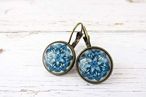Flower Earrings, Blue Mandala Glass Cabochon Drop Earrings for Women, Antique Brass Lever Back Flower Earrings, Blue Mandala Glass Cabochon Drop Earrings for Women, Antique Brass Lever Back