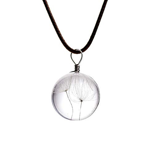 ZUOPIPI Dandelion Seed Wish Necklace Dried Pressed Dandelion in Glass Ball Pendent Leather Cord Necklace -2 Seeds-