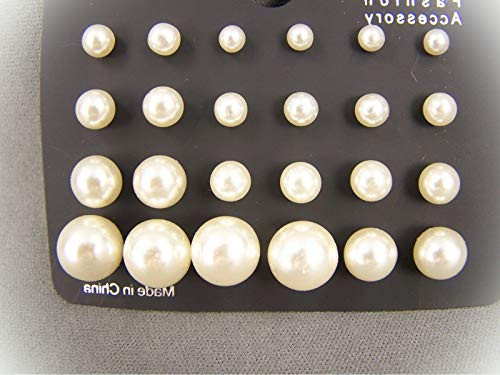 Cream Set Pack 12 Pair Graduated Plastic Faux Pearl Bead Ball Stud Post Earrings For Women Set