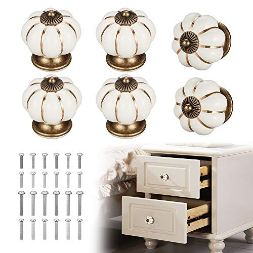TOMALL Cabinet Knobs 6pcs,Ceramic Pumpkin Pull Handle for Cabinet/Dresser Drawers/Cupboard/Wardrobe/Closets with 4 Kinds of Screws-White-