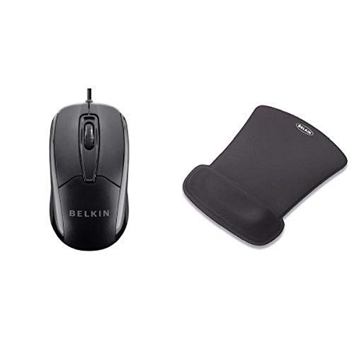 Belkin 3-Button Wired USB Optical Mouse with 5-Foot Cord, Compatible with PCs, Macs, Desktops and Laptops  and  Belkin WaveRest Gel Mouse Pad -Black-