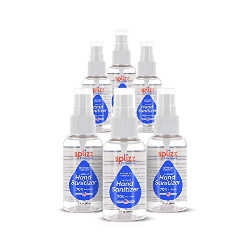 Splizz Essentials Mini Hand Sanitizer Spray - Pocket Antibacterial 70 Percent Alcohol with Aloe Vera - Instant Sanitizing Action - Soap Alternative for Clean Hands - Travel Size - 2oz -6 Pack-