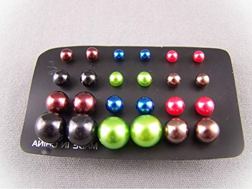 12 Pair Ball Stud Earrings For Women Set Graduated Size Metallic Faux Pearl Bead Post