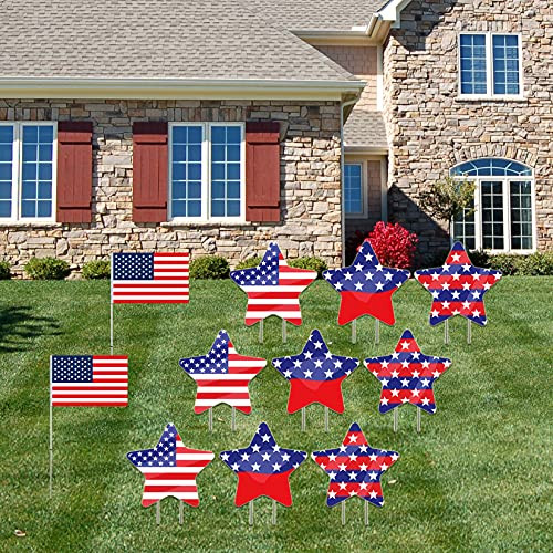 4th of July Outdoor Decorations,Memorial Day Yard Decorations,Patriotic Party Lawn Decorations Yard Signs,Set of 9 Pcs Star With 18 Stakes Waterproof Corrugated Independence Day Party Supplies