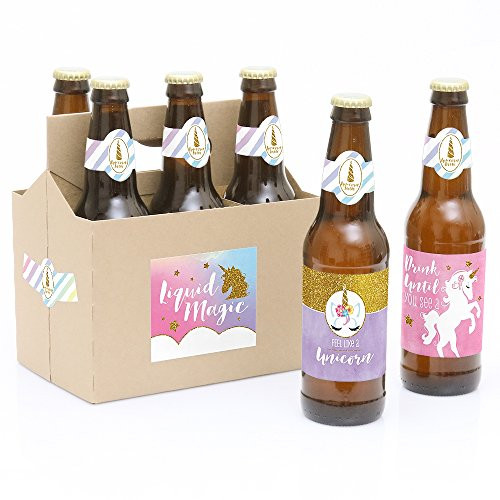 Big Dot of Happiness Rainbow Unicorn - Magical Unicorn Baby Shower or Birthday Party Decorations for Women and Men - 6 Beer Bottle Label Stickers and 1 Carrier