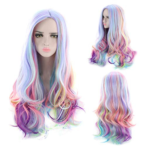 Lurrose Long Wave Wigs Rainbow Curly Hair Wigs Hair Makeup Prop for Festival Ball Party Prom Halloween Cosplay Costume Accessories