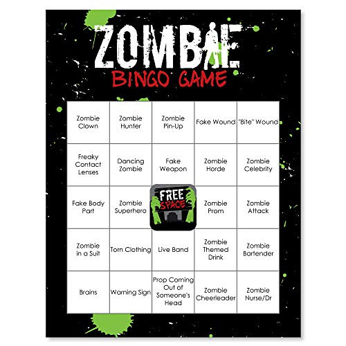 Zombie Zone - Halloween or Birthday Zombie Crawl Party Bingo Game & Bar Bingo Game Cards - 16 Count