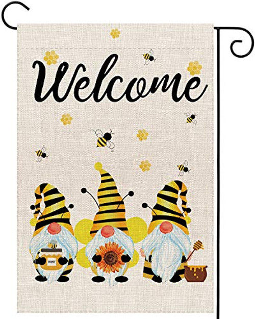 Welcome Summer Garden Flag Vertical Double Sided Gnomes Bee Sunflower, Burlap Seasonal Rustic Farmhouse Yard Flag Outdoor Decoration 12.5 x 18 Inch