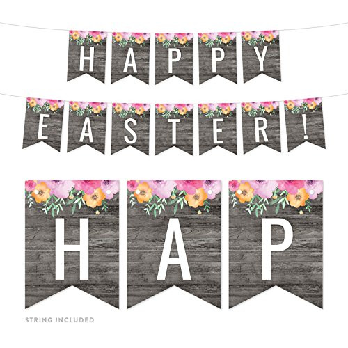 Andaz Press Modern Gray Wood with Flowers Party Banner Decorations, Happy Easter!, Approx 5-Feet, 1-Set, Floral Colored Hanging Pennant Decor