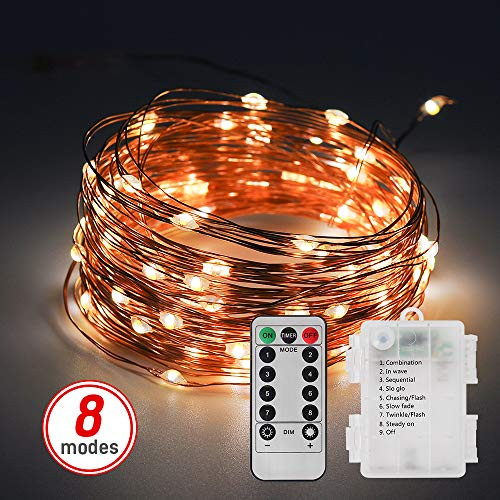 LED Fairy Lights,Nakavaet 16.6FT 50 LED Battery Operated with Remote Control Timer Waterproof String Lights,8 Modes Warm White Changing Copper Wire Lights with Remote,Lights for Bedroom, Patio, Party