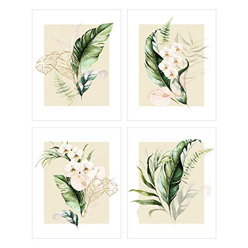 Tropical Wall Decor - Palm Tree Leaf Art - Leaves Paintings - Tropical Flowers Room Decor - Green Banana Leaf Art Posters - Botanical Plant Pictures - Set of 4 Prints - 8x10 - UNFRAMED