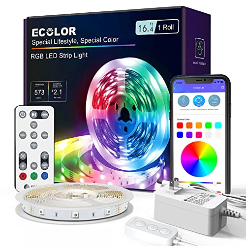 ECOLOR 16.4ft LED Strip Lights, Music Sync Color Changing Lights, Smart Light Strips with Bluetooth App Control and IR Remote, 5050 RGB LED Lights for Bedroom, Party, Home Decoration