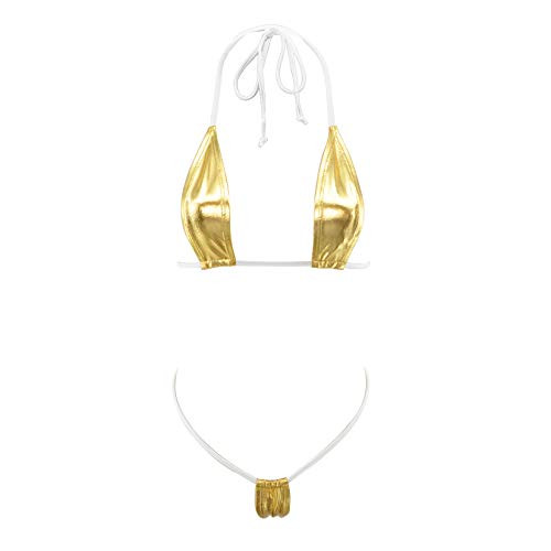 SHERRYLO Extreme G-String Micro Bikini Mini Thong Bottom Adjustable Triangle Top Swimsuit Gold