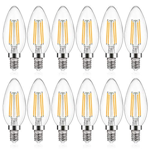 Defurhome E12 Candelabra LED Bulb, Equivalent to 60W, High CRI 95 plus, 550LM, Warm White 2700K, Non-Dimmable, C35 Candle Light Bulbs, Decorative Filament Glass Bulb, 12 Pack