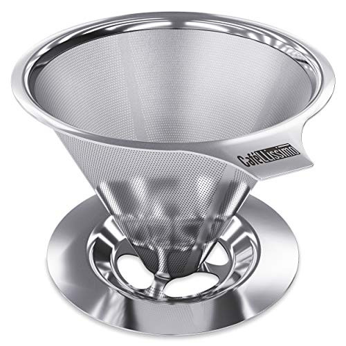 Cafellissimo Pour Over Coffee Dripper - Manual Reusable Stainless Steel Cone Filter, 1-2 Cup Paperless Single Drip Brew Coffee Strainer with Double Mesh Liner
