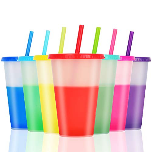 Color Changing Cups Tumblers with Lids Straws - 7 Reusable Bulk Tumblers Plastic Cold Cups for Adults Kids 16oz Tumbler
