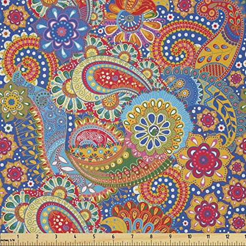 Lunarable Asian Fabric by The Yard, Colorful Paisley Floral Pattern Classical Ornamental Medieval Art, Microfiber Fabric for Arts and Crafts Textiles  and  Decor, 1 Yard, Blue Yellow