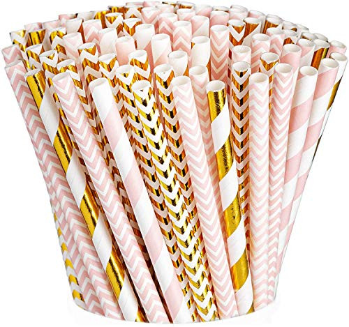 -200 Pack- Pink  and  Gold Paper Drinking Straws 100 percent Biodegradable Multi-Pattern Party Straws