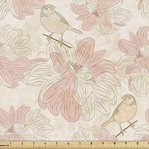 Ambesonne Botanical Fabric by The Yard, Birds on Branches and Blooming Vintage Flowers, Decorative Fabric for Upholstery and Home Accents, 1 Yard, Blush Peach