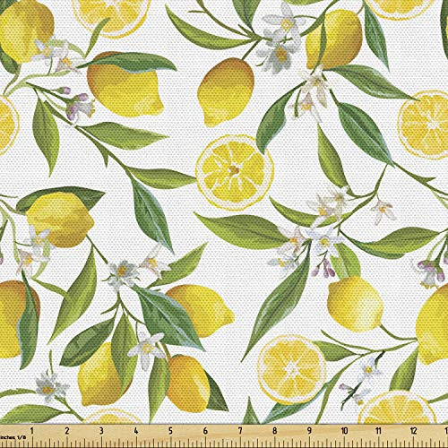 Ambesonne Nature Fabric by The Yard, Exotic Lemon Tree Branches Yummy Delicious Kitchen Gardening Design, Decorative Fabric for Upholstery and Home Accents, 1 Yard, Fern Green