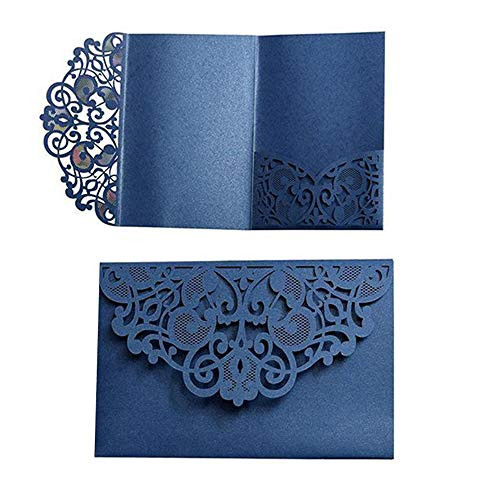 Wedding Invitation Cards,10pcs Laser Cut Floral Design Invites Pocket for Bridal Showers, Engagement Parties, Includes Covers, Blank Inserts (Dark Blue)