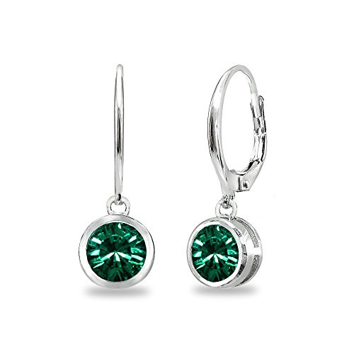 Sterling Silver Green 6mm Round Bezel-Set Dangle Leverback Earrings Made with Swarovski Crystals