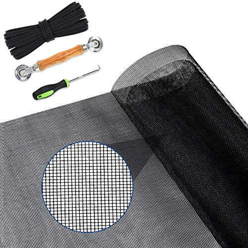 Yoochee Window Screen Replacement with Rolling Tool Retainer Spline and Steel Hook, Durable Fiberglass Screen Roll, DIY Adjustable Screen Mesh for Windows Doors -59" x 106", Charcoal/Black-