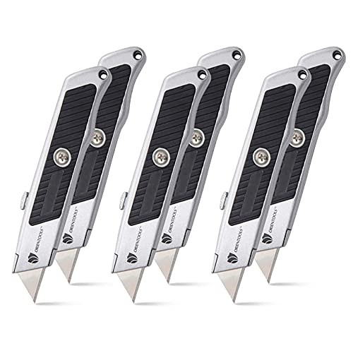Utility Knife Safety Heavy Duty Box Cutter, 3 Position Locking SK5 Blade, Zinc alloy body with TPR Handle, Retractable 6-Pack Box Cutter for Cardboard, Cartons, Boxes, etc.