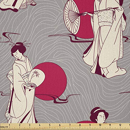 Lunarable Japanese Fabric by The Yard, Geisha with Paper Umbrella and Hand Fan on a Greyscale Background, Microfiber Fabric for Arts and Crafts Textiles  and  Decor, 1 Yard, Grey Beige and Ruby
