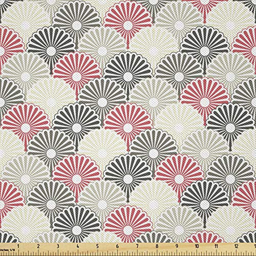 Lunarable Asian Fabric by The Yard, Japanese Hand Fan in Abstract Style Soft Tone Graphic, Decorative Satin Fabric for Home Textiles and Crafts, 1 Yard, Beige Dark Taupe Pink Cream