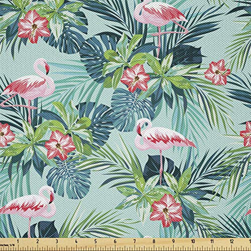 Lunarable Flamingo Fabric by The Yard, Tropical Jungle with Hibiscus Flora Monstera Fan Palm Leaves, Decorative Satin Fabric for Home Textiles and Crafts, Dark Coral Dark Teal Lunarable Flamingo Fabric by The Yard, Tropical Jungle with Hibiscus Flora Monstera Fan Palm Leaves, Decorative Satin Fabric for Home Textiles and Crafts, Dark Coral Dark Teal