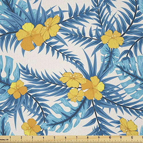 Ambesonne Tropical Fabric by The Yard, Exotic Petals with Monstera and Fan Palm Royal Island Fern Leaves, Decorative Satin Fabric for Home Textiles and Crafts, Earth Yellow Blue and White