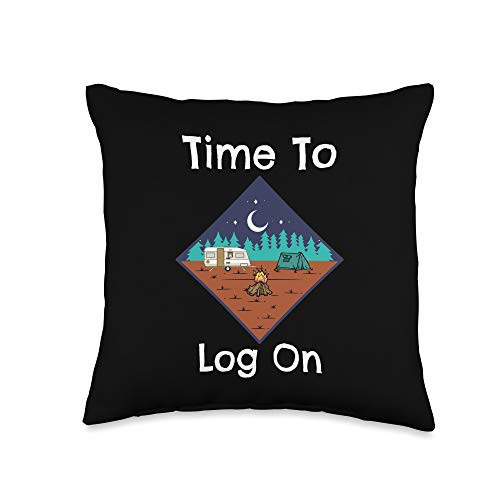 Wrinkled Hippie Funny Retro Time to Log On Camping Throw Pillow, 16x16, Multicolor