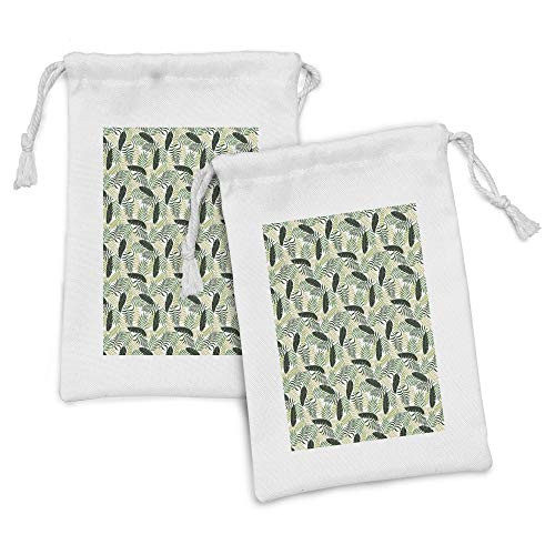 Ambesonne Botanical Fabric Pouch Set of 2, Monstera Fan Palm Banana Leaves Exotic Foliage Jungle Hipster Flowers, Small Drawstring Bag for Toiletries Masks and Favors, 9" x 6", Khaki Dark Green White