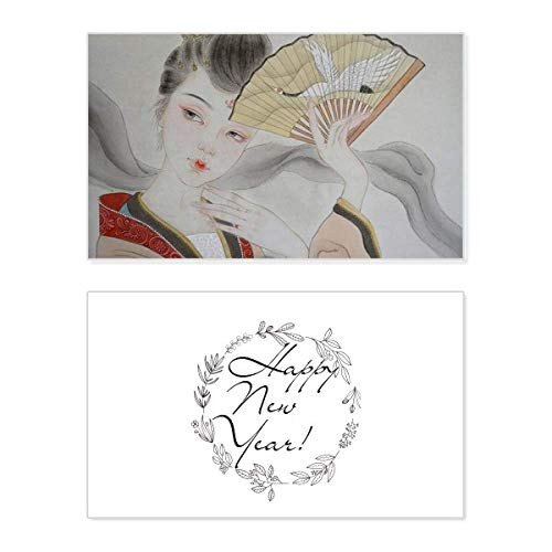 Beauty Folding Fan Chinese Painting New Year Festival Greeting Card Bless Message Present