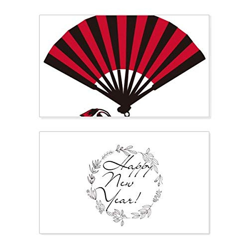Japanese Red Black Fan New Year Festival Greeting Card Bless Message Present