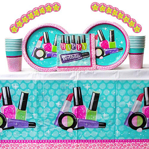 Cedar Crate Market Sparkle Spa Party Supplies Pack for 16 Guests - Stickers, Dinner Plates, Luncheon Napkins, Cups, and Table Cover