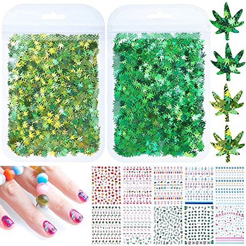 Above 1000 Pieces Mixed Nail Art Stickers 3D Self-Adhesive Leaves Stickers Flamingo Cactus Fruits Ocean Leaves Decals with 2 Bags Leaves Chunky Glitter Flakes Nail Art Sequin Nail Decorations DIY