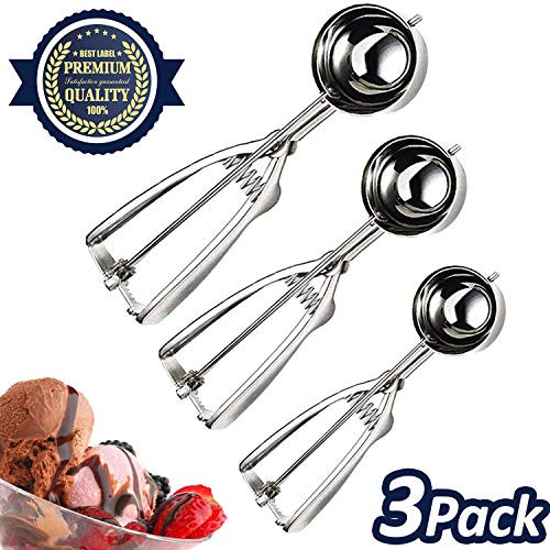 Cookie Scoop Set 3 PCS Stainless Steel Ice Cream Scoop Trigger Include small size (1.58 inch), medium size (1.97 inch), large size (2.37 inch), Melon Scoop (cookie scoop)