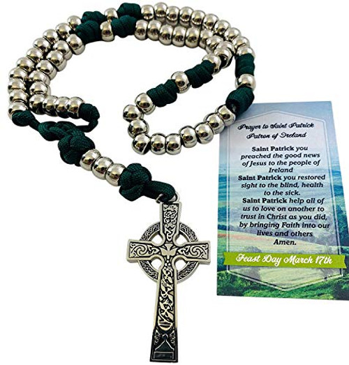 Saint Patrick Rosary Heavy Stainless Steel Metal Beads and Celtic Cross Crucifix with Holy Card Saint Patrick Rosary Heavy Stainless Steel Metal Beads and Celtic Cross Crucifix with Holy Card