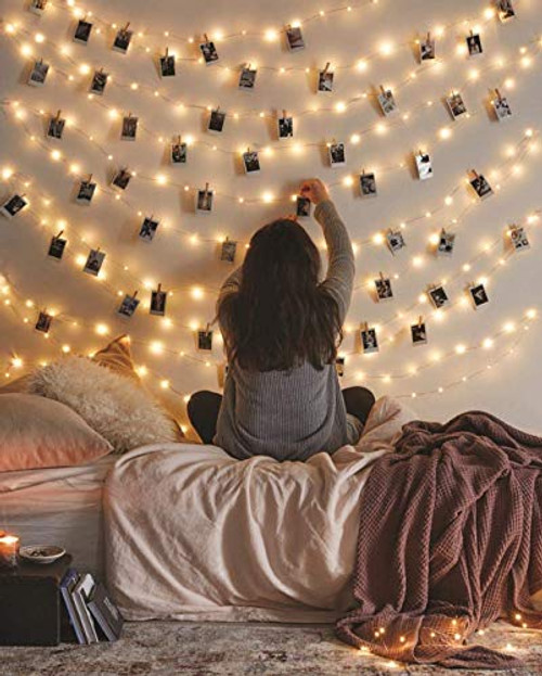 GHUSTAR 50 LED Photo Clip String Lights, 17Ft LED Fairy String Lights with 50 Clear Clips, Photo String Lights with Clips, Photo Hanging Clips String for Dorm Bedroom Wall Decor Wedding Decorations