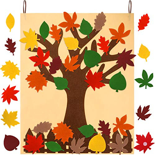 Fall Tree of Thanks Craft Kit, Felt Fall Tree Board with 60 Pieces Autumn Leaf Maple Leaves Ornaments Autumn Bulletin Board for DIY Craft Kids Classroom Thanksgiving Decorations, 2.95 ft