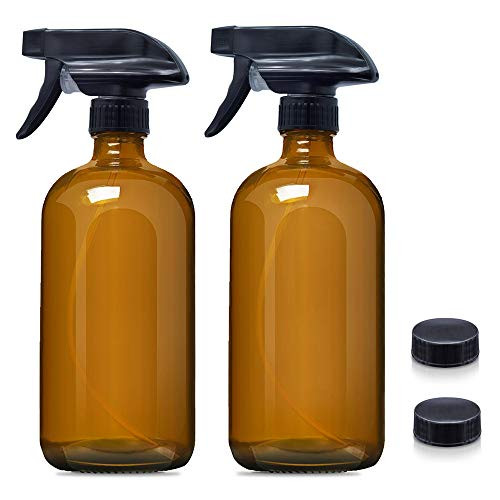 -2 Pack- Empty Amber glass Spray Bottles -Refillable 16 oz Containers for Essential Oils, Cleaning Products, Aromatherapy, or Misting Plants w/Mist and Stream Settings