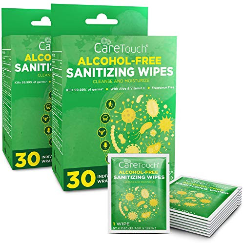 Care Touch Alcohol-Free Hand Sanitizing Wipes 2-Pack - 30 Individually Wrapped Hand Wipes with Vitamin E and Aloe Vera - For Babies or Adults -60 Total-