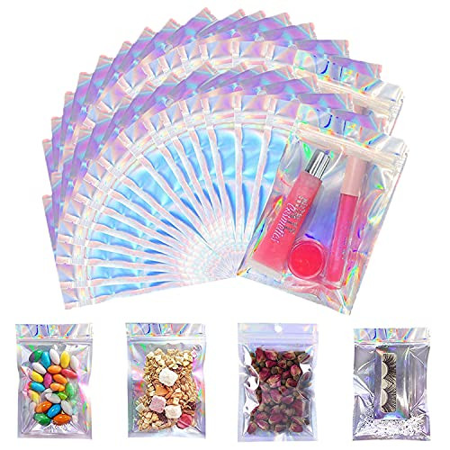 100 Pieces Resealable Smell Proof Bags Foil Ziplock Bags , Flat Clear Ziplock Food Storage Bags Pouch Aluminum Foil Bags Plastic Packaging Foil Bags -Holographic, 2.95x3.94 Inch-