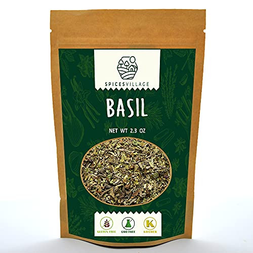 Spices Village Dried Basil, All Natural Fresh Basil Leaves, Kosher Certified, Sweet Dry Basil Herbs and Spices, Pure Mediterranean Seasonings, Gluten Free, Non GMO, Resealable Bulk Bag 2.3 Oz
