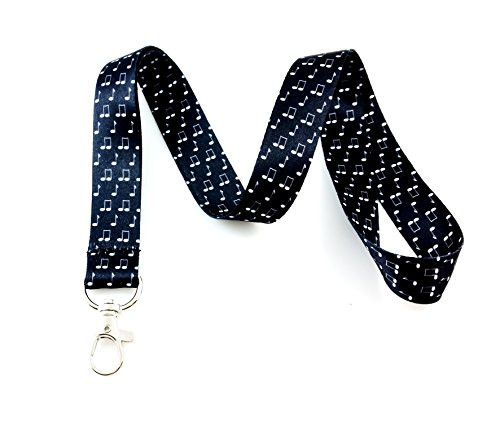 Music Themed Lanyard Key Chain Id Badge Holder (Music Notes Black)