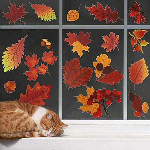Fall Leaves Window Clings,172 Pcs Assorted Maple Oak Leaves Acorns Window Stickers Decals for Autumn Thanksgiving Seasonal Holiday Decorations Party Decor Ornaments